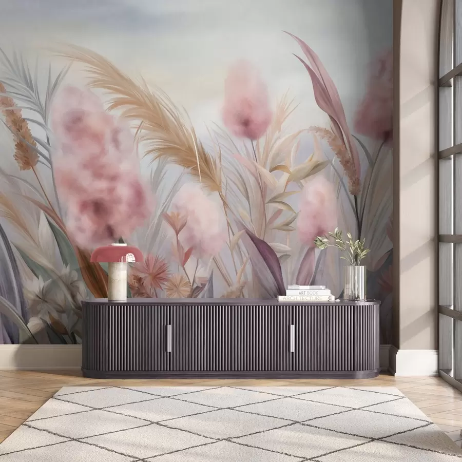 wall murals Pink and beige pampas grass and other dried flowers with a soft, hazy sky in the background w09635