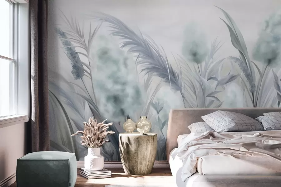 wall murals Blue and gray pampas grass and other dried flowers with a soft, hazy sky in the background w09635v1