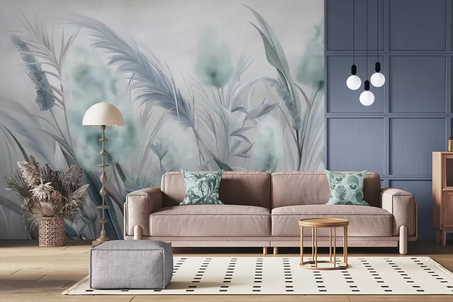 wall murals Blue and gray pampas grass and other dried flowers with a soft, hazy sky in the background w09635v1