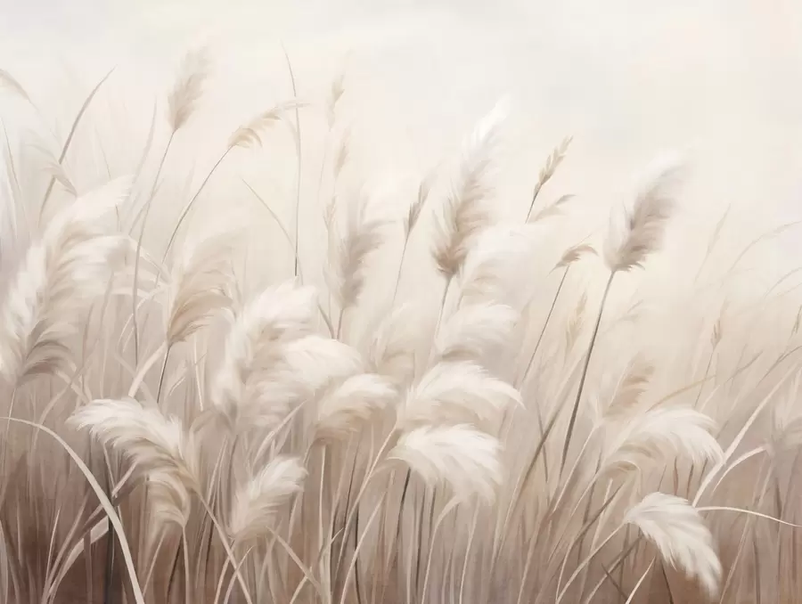 wall murals Tall, textured pampas grass in soft, warm, neutral tones, with a blurred, light background w09637