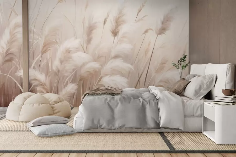 wall murals Tall, textured pampas grass in soft, warm, neutral tones, with a blurred, light background w09637