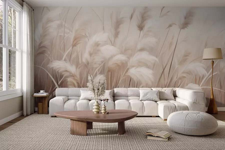 wall murals Tall, textured pampas grass in soft, warm, neutral tones, with a blurred, light background w09637