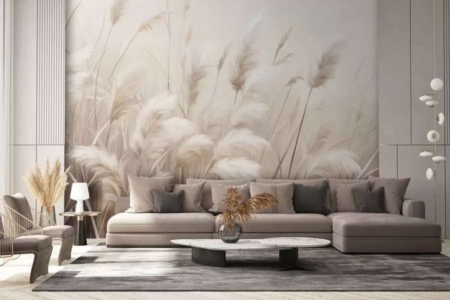 wall murals Tall, textured pampas grass in soft, warm, neutral tones, with a blurred, light background w09637