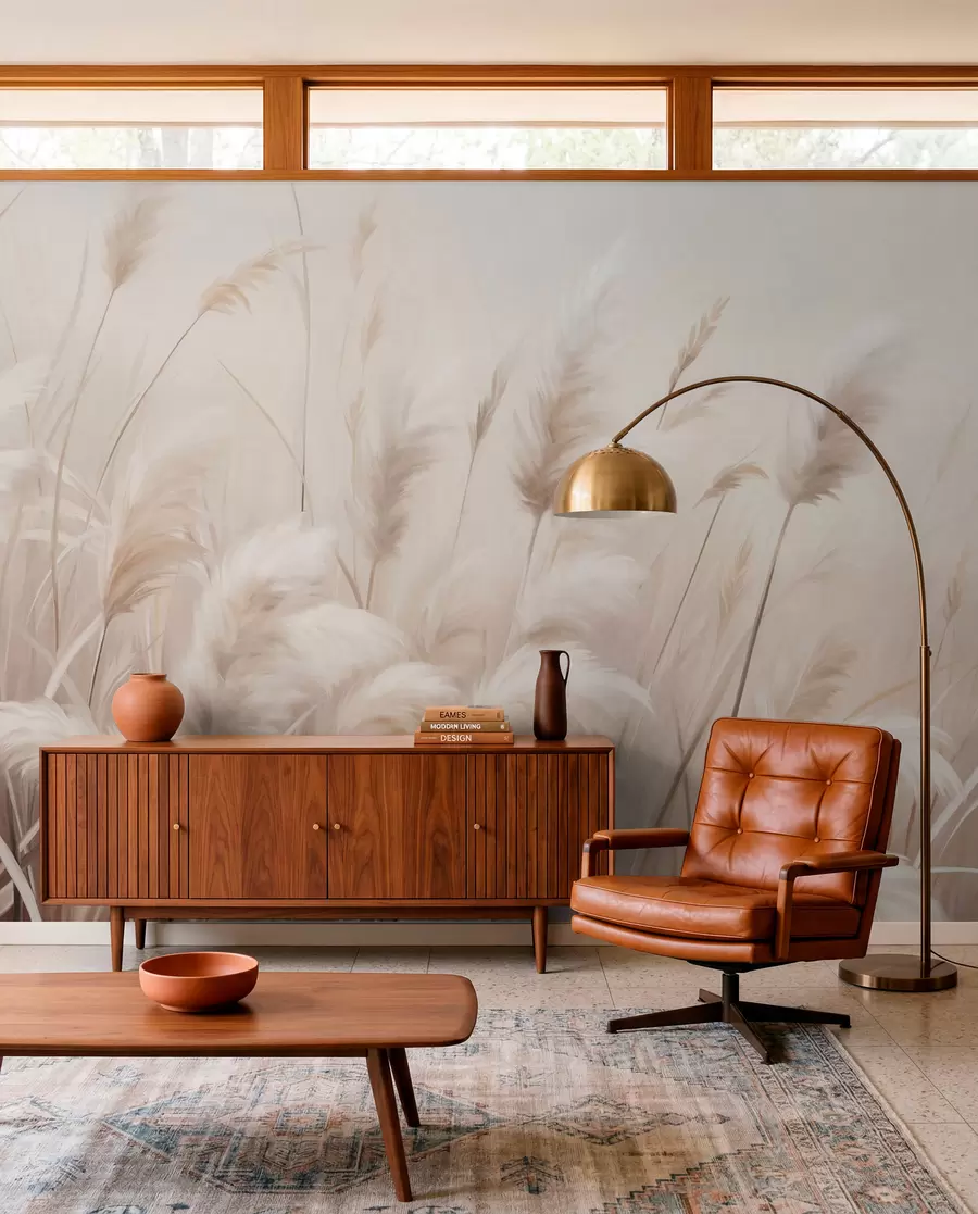 wall murals Tall, textured pampas grass in soft, warm, neutral tones, with a blurred, light background w09637