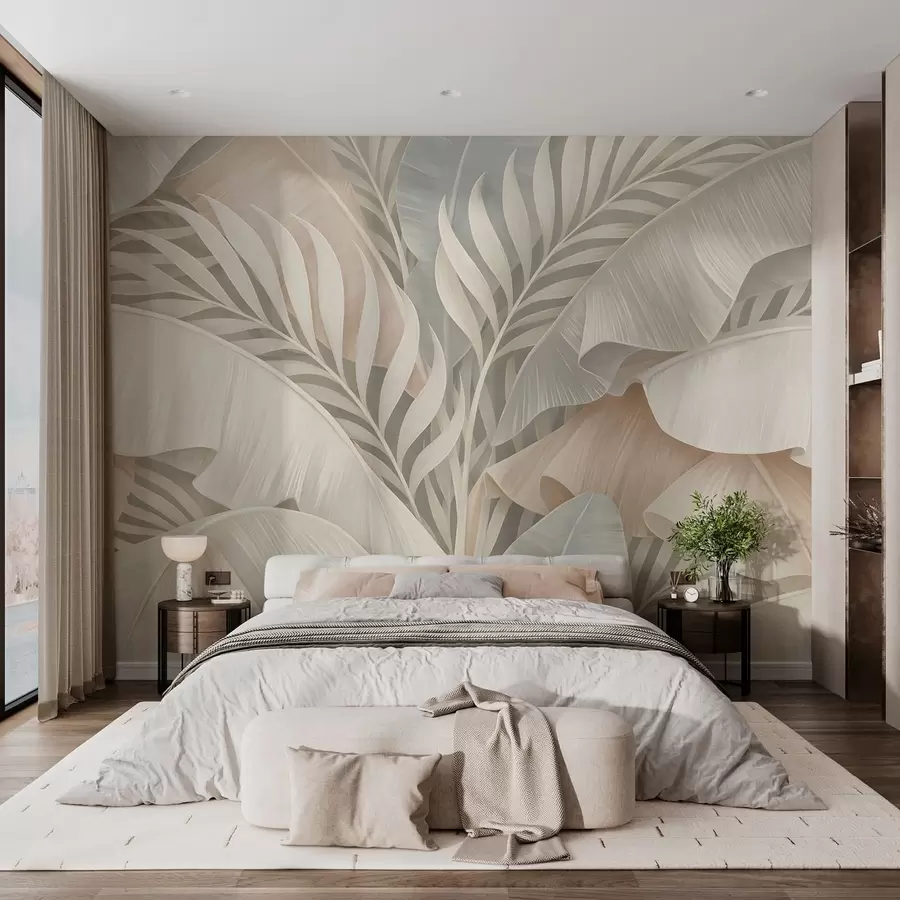 wall murals large tropical leaves in shades of peach and dull turquoise w05062