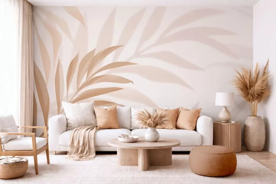 wall murals large curved palm leaves in beige and brown tones w05211