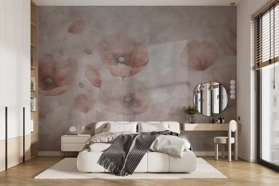 wall murals Large poppy flowers on a wall with an antique effect w09686
