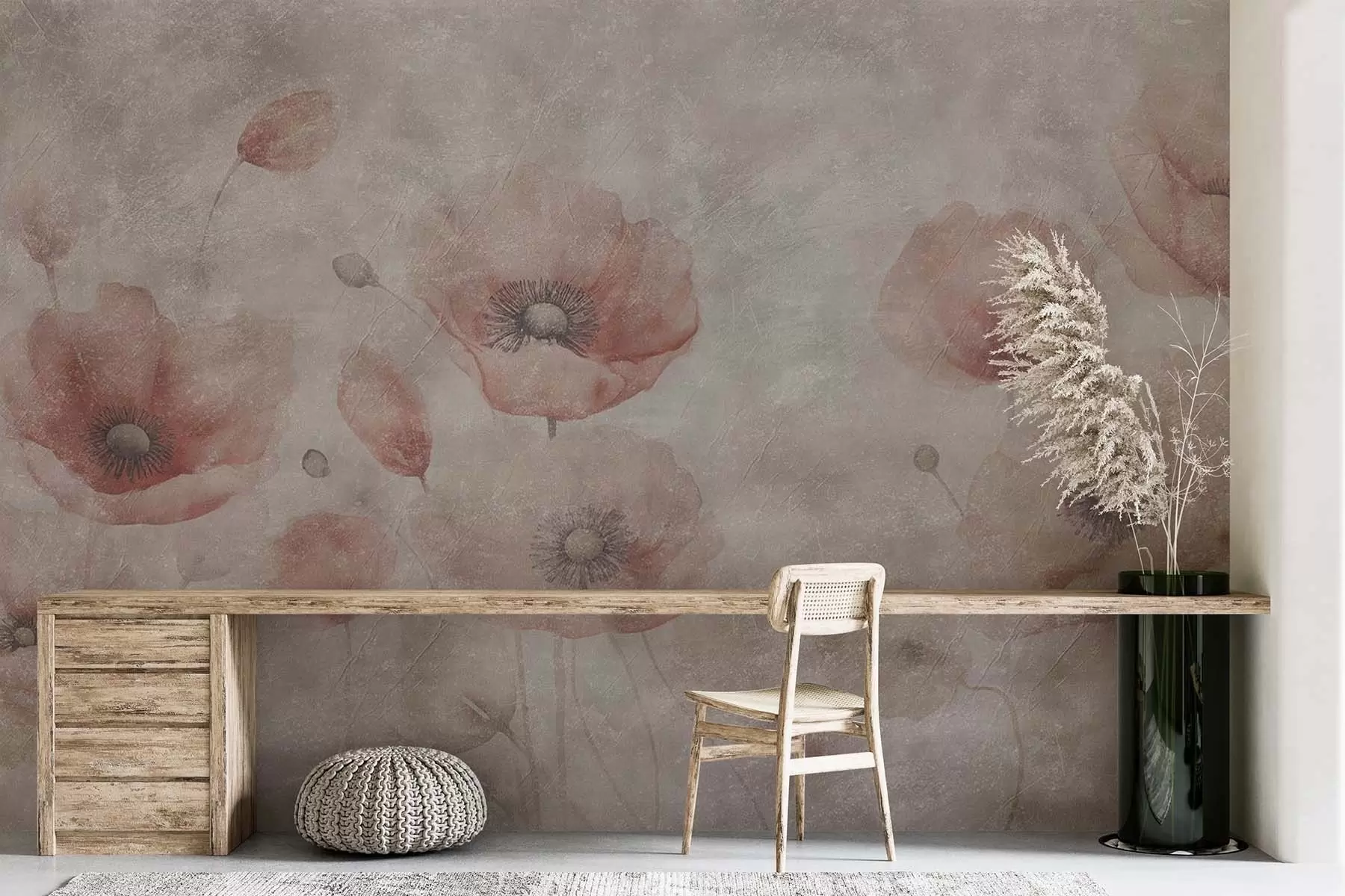 wall murals Large poppy flowers on a wall with an antique effect w09686