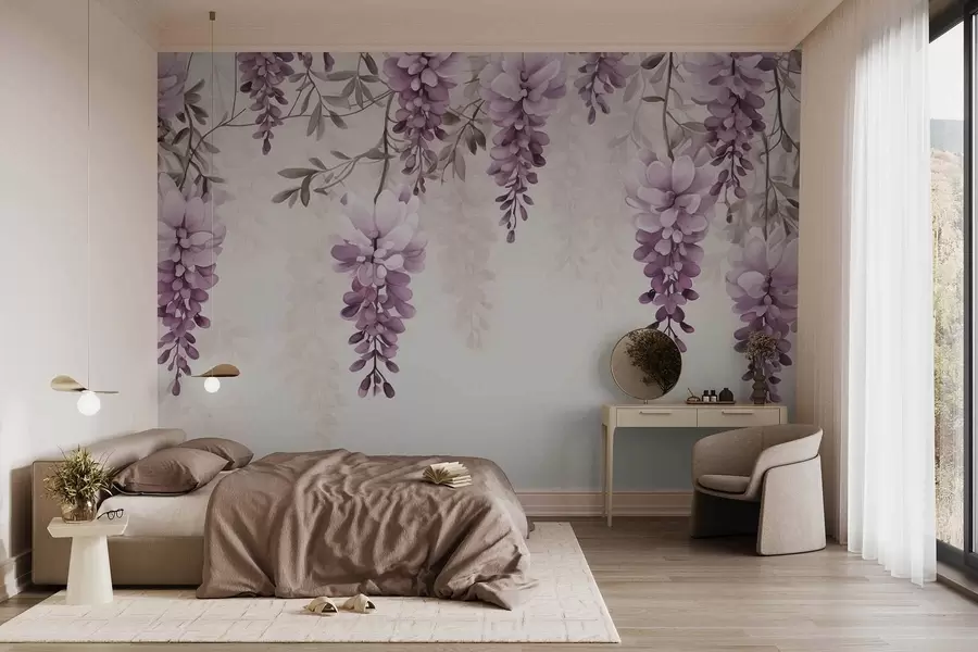 wall murals Delicate, large lavender branches hanging on the wall, imitation watercolor w09690