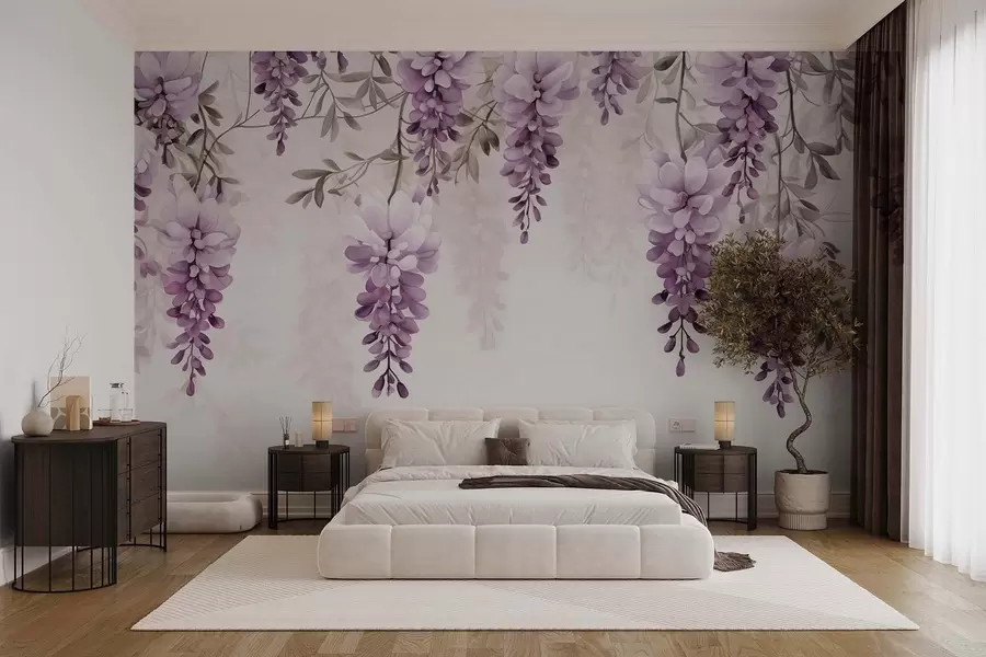 wall murals Delicate, large lavender branches hanging on the wall, imitation watercolor w09690