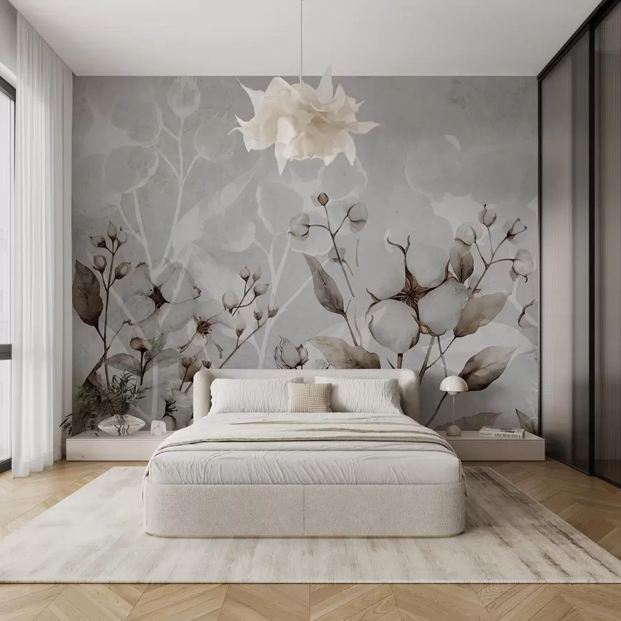 wall murals Large cotton flowers on a light gray background w09691
