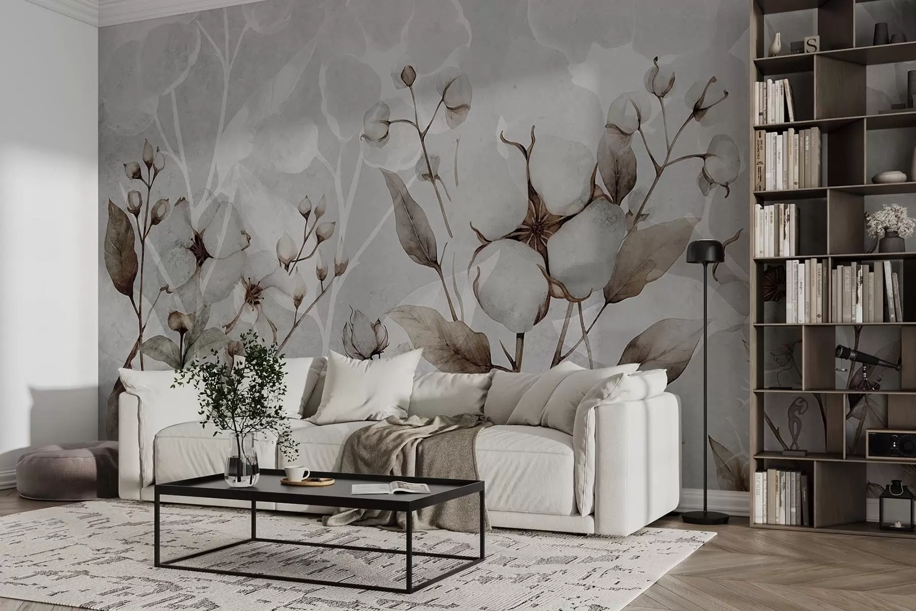 wall murals Large cotton flowers on a light gray background w09691