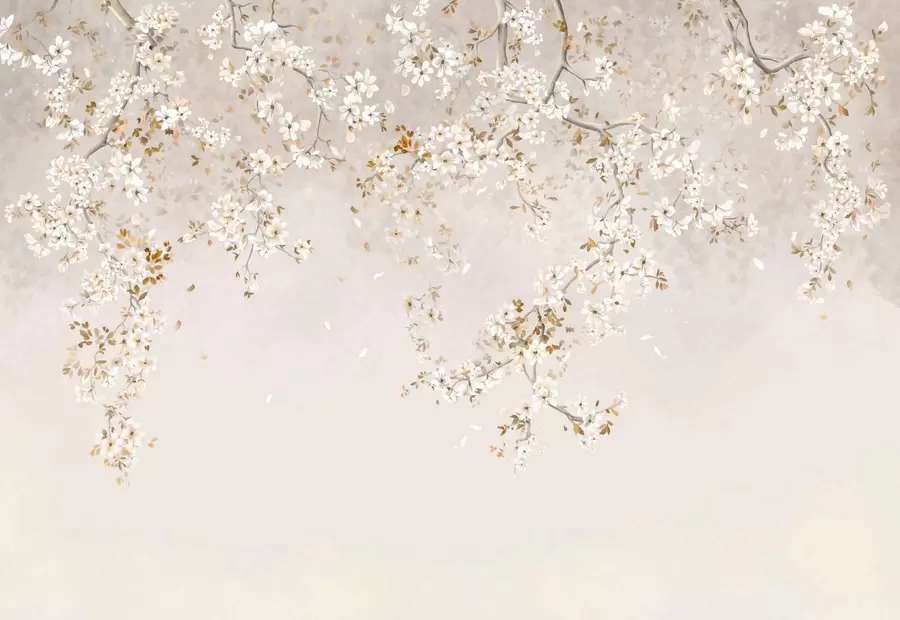 wall murals Branches with white blossoms on a soft beige background w05129