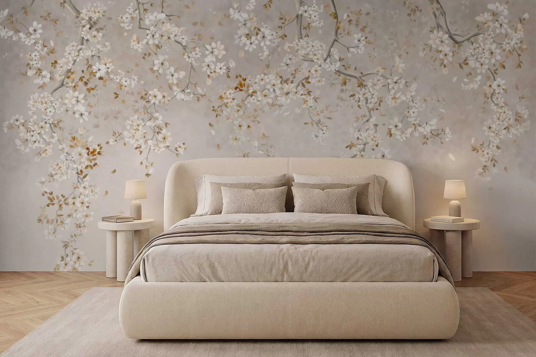 wall murals Branches with white blossoms on a soft beige background w05129