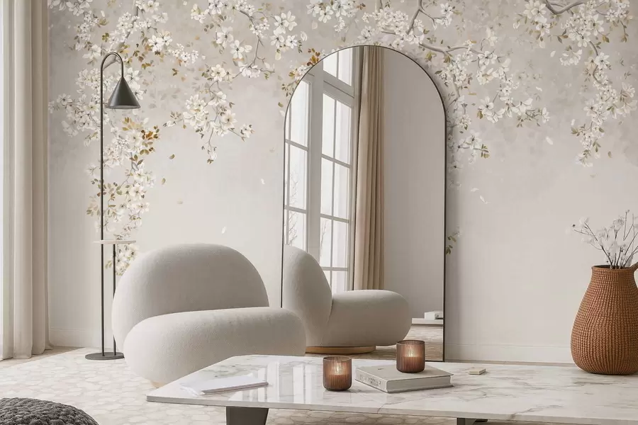 wall murals Branches with white blossoms on a soft beige background w05129