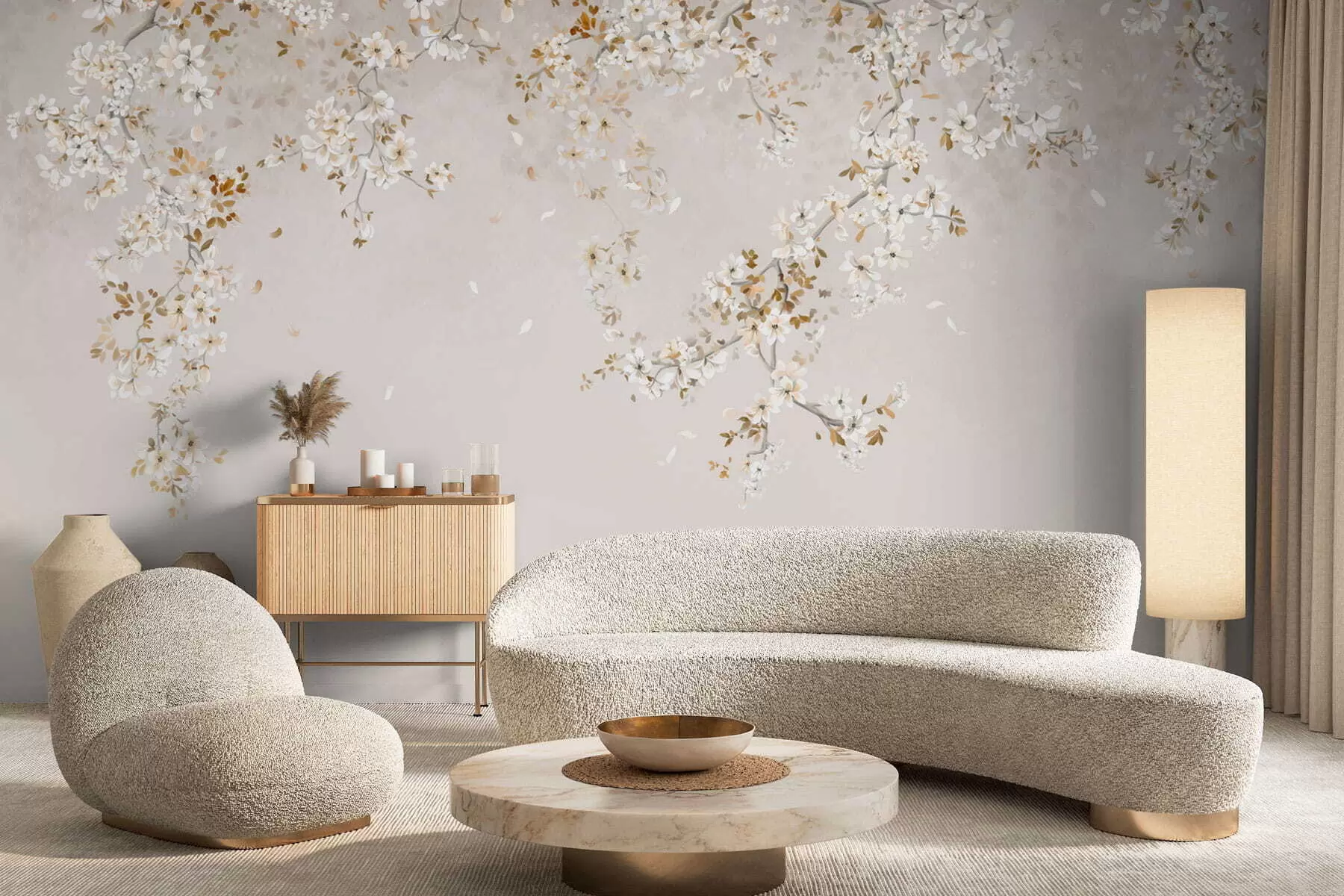 wall murals Branches with white blossoms on a soft beige background w05129