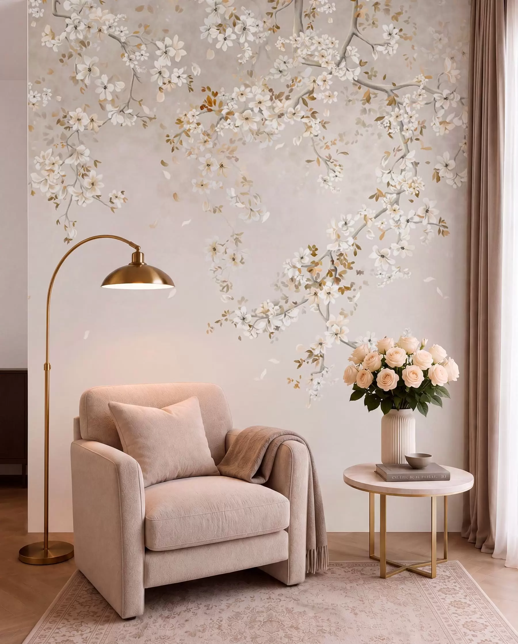 wall murals Branches with white blossoms on a soft beige background w05129