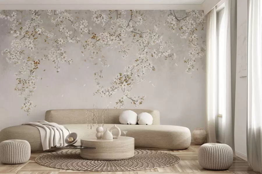 wall murals Branches with white blossoms on a soft beige background w05129