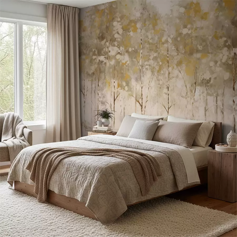 wall murals Stylized forest with slender trees in warm tones w05221
