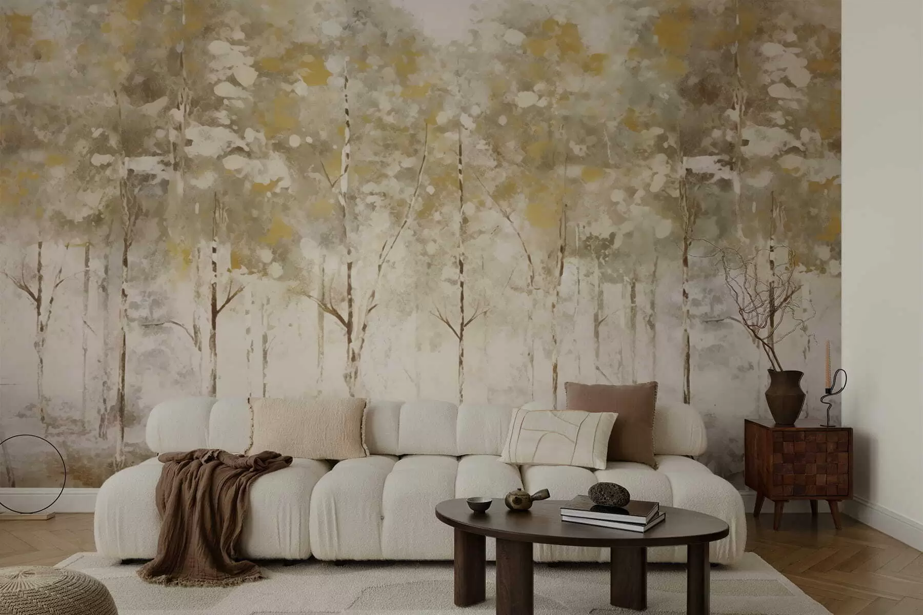 wall murals Stylized forest with slender trees in warm tones w05221