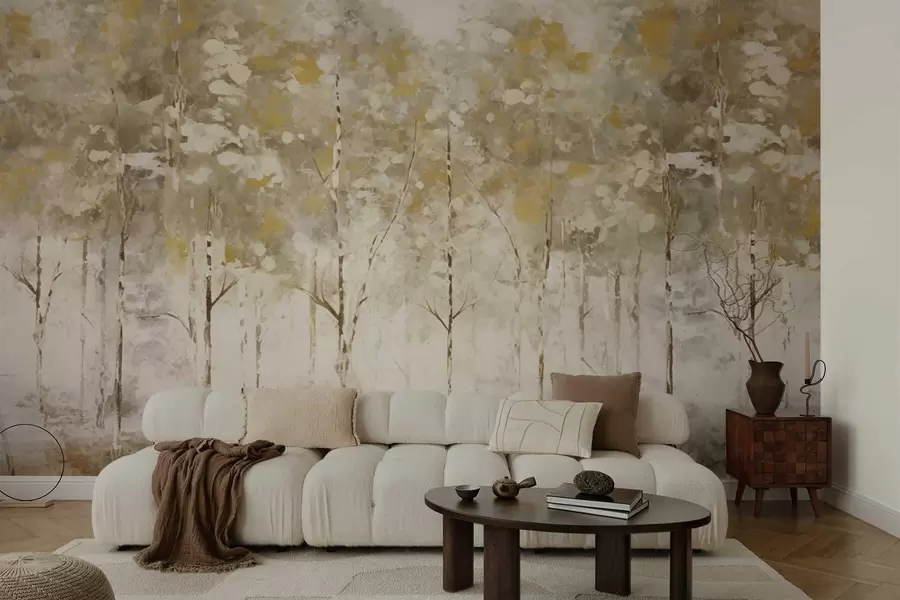 wall murals Stylized forest with slender trees in warm tones w05221