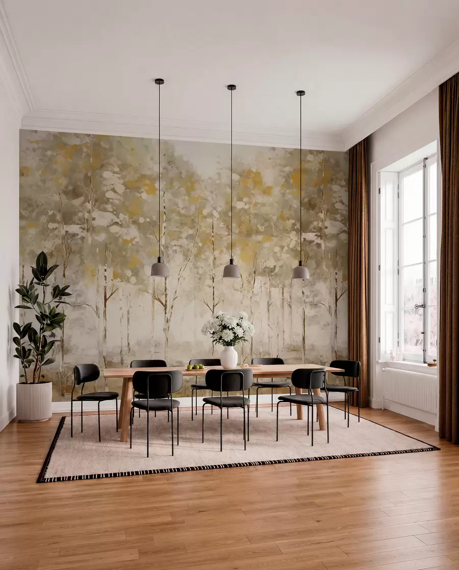wall murals Stylized forest with slender trees in warm tones w05221