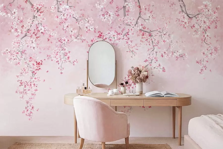 wall murals Branches with pink blossoms on a soft pastel background w05129v1