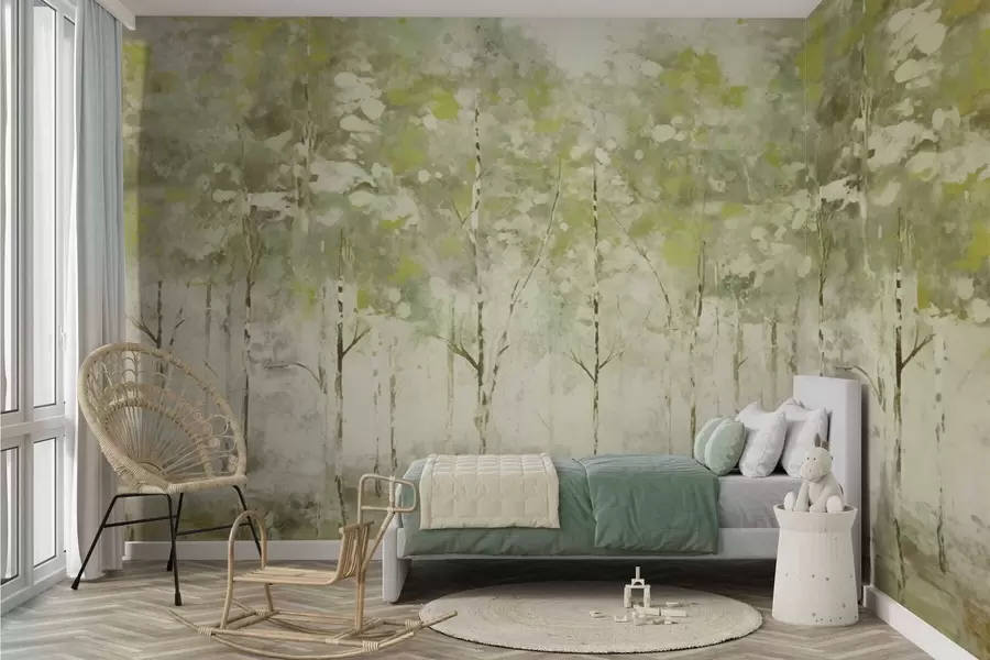wall murals Stylized forest with slender trees in green tones w05221v1