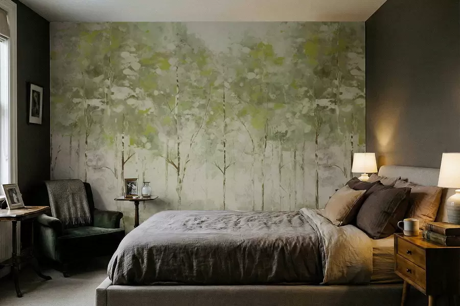 wall murals Stylized forest with slender trees in green tones w05221v1