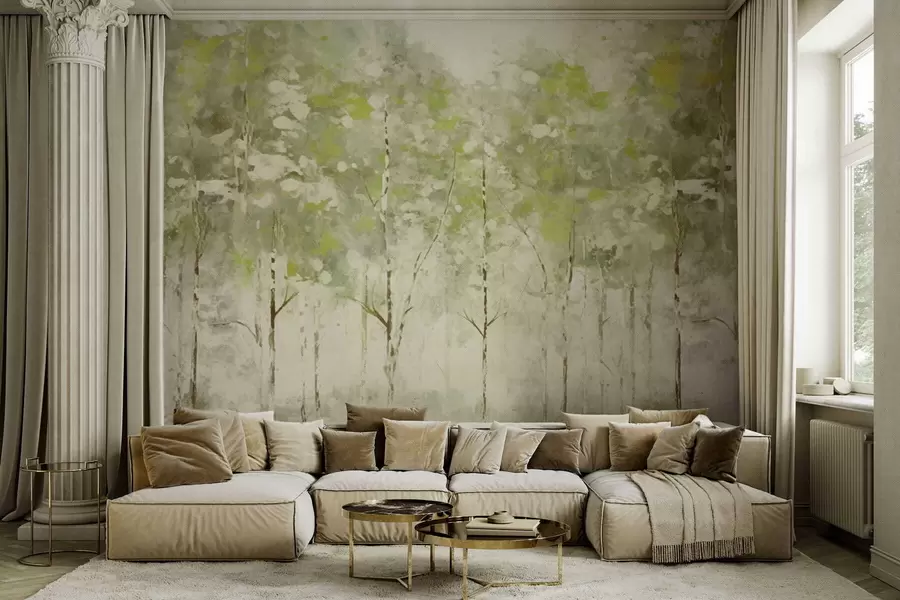 wall murals Stylized forest with slender trees in green tones w05221v1
