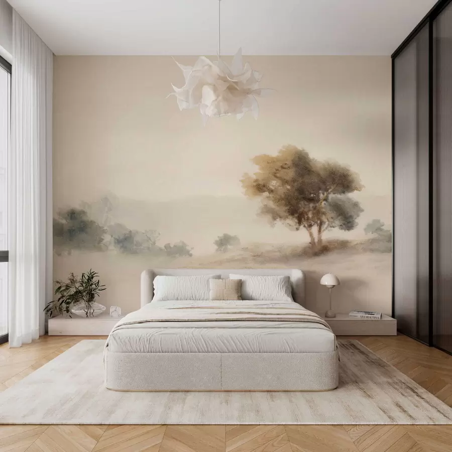 wall murals Minimalist landscape with a lone tree in mist w05223