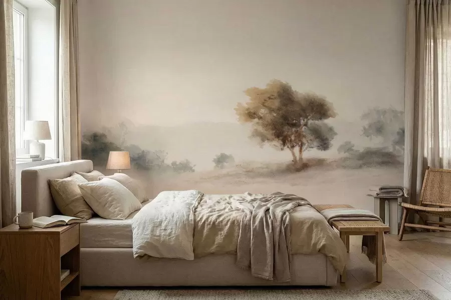 wall murals Minimalist landscape with a lone tree in mist w05223