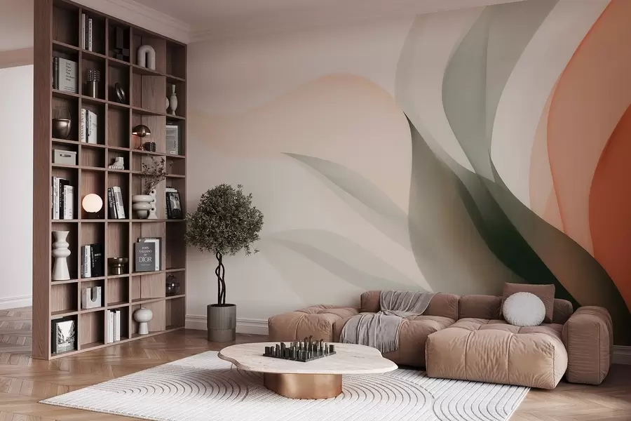 wall murals Abstract pastel waves in orange and green tones w09718