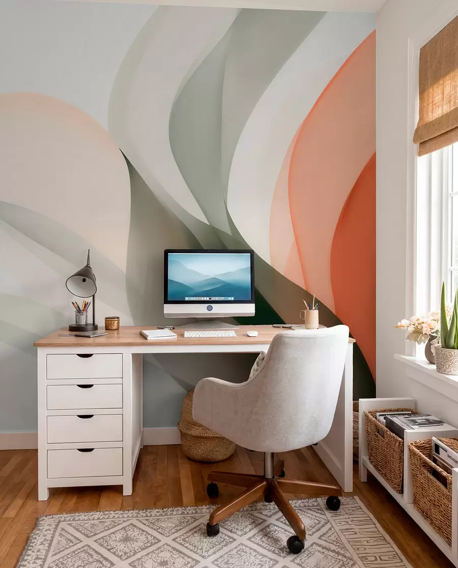 wall murals Abstract pastel waves in orange and green tones w09718