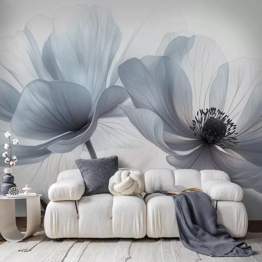 wall murals Translucent bluish-white flowers on a light background w09720