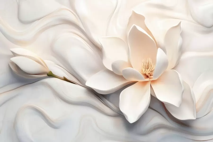 wall murals Three-dimensional white magnolia with marble texture imitation in relief w09729