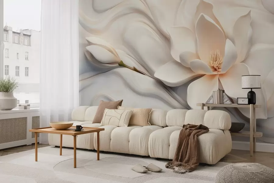 wall murals Three-dimensional white magnolia with marble texture imitation in relief w09729