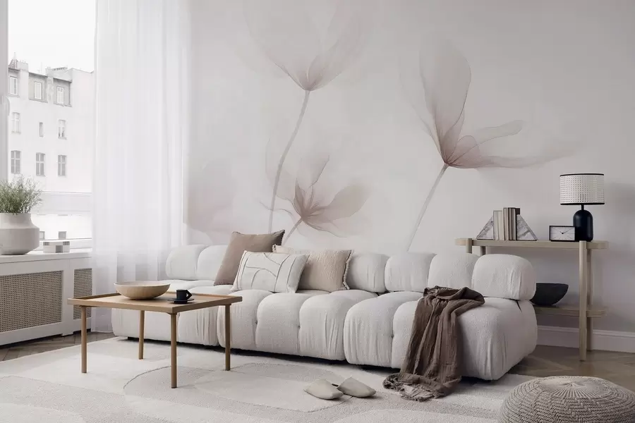 wall murals Airy beige flowers in minimalist light style w09734