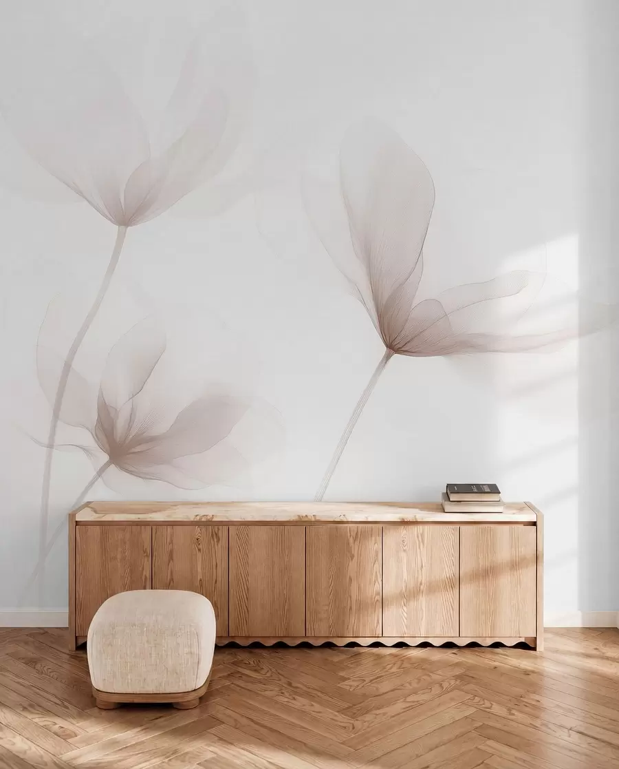 wall murals Airy beige flowers in minimalist light style w09734