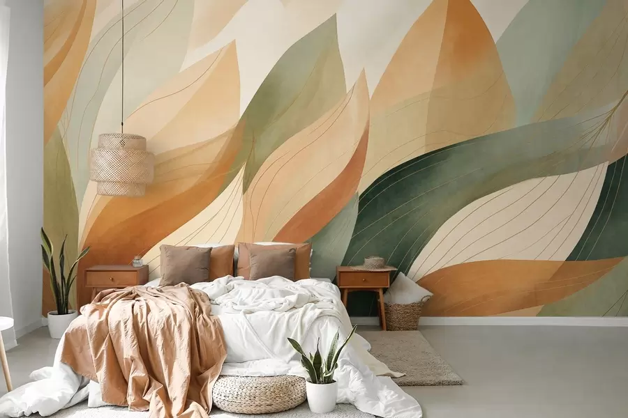 wall murals Abstract leaves, muted earth tones of green, orange with delicate line details , soft watercolor texture w09736