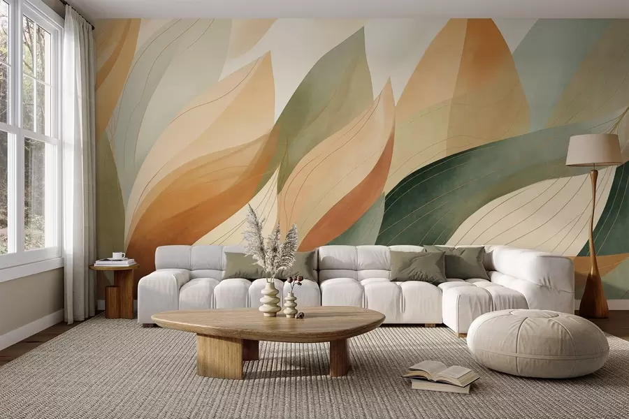 wall murals Abstract leaves, muted earth tones of green, orange with delicate line details , soft watercolor texture w09736