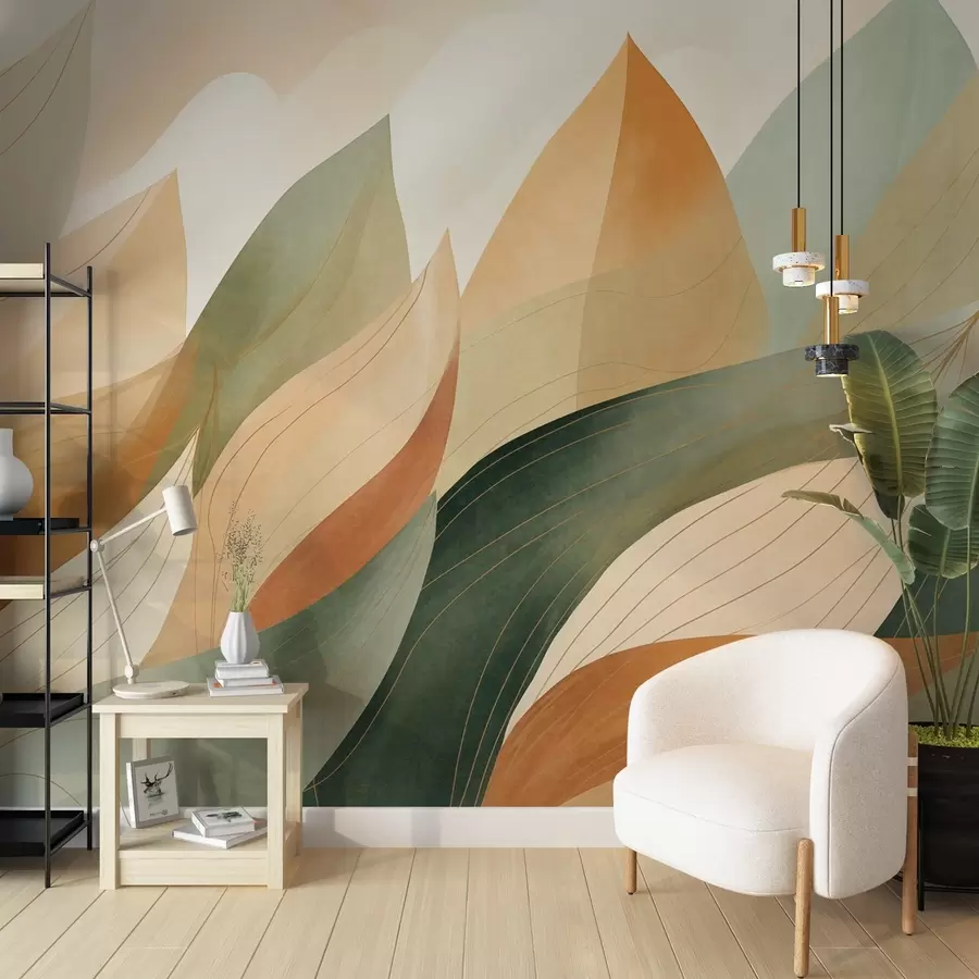wall murals Abstract leaves, muted earth tones of green, orange with delicate line details , soft watercolor texture w09736