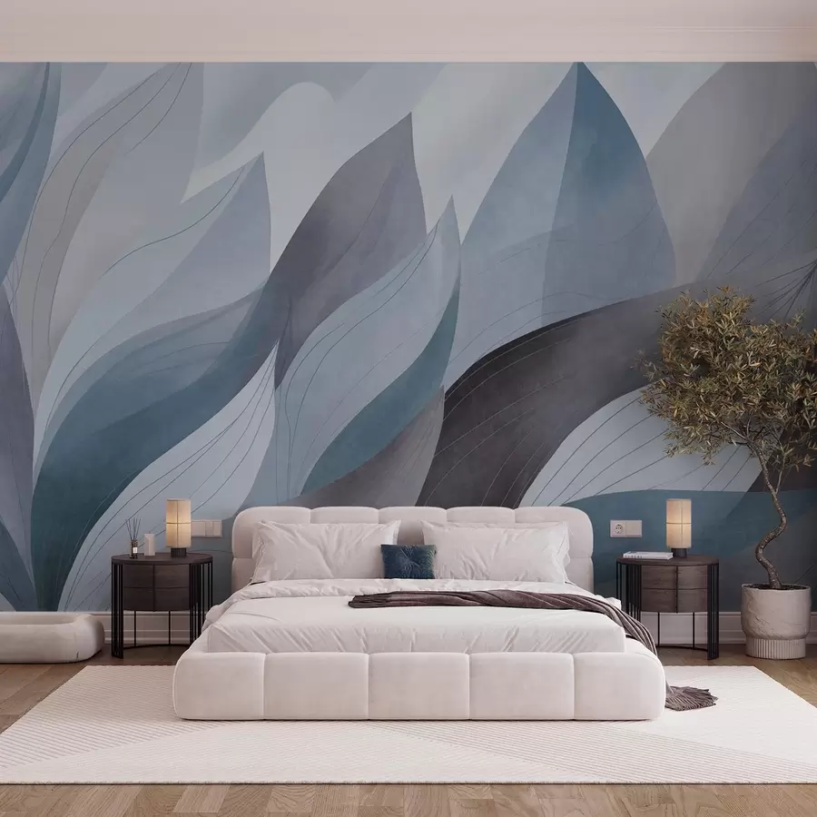 wall murals Abstract leaves, muted earth tones of blue with delicate line details , soft watercolor texture w09736v1