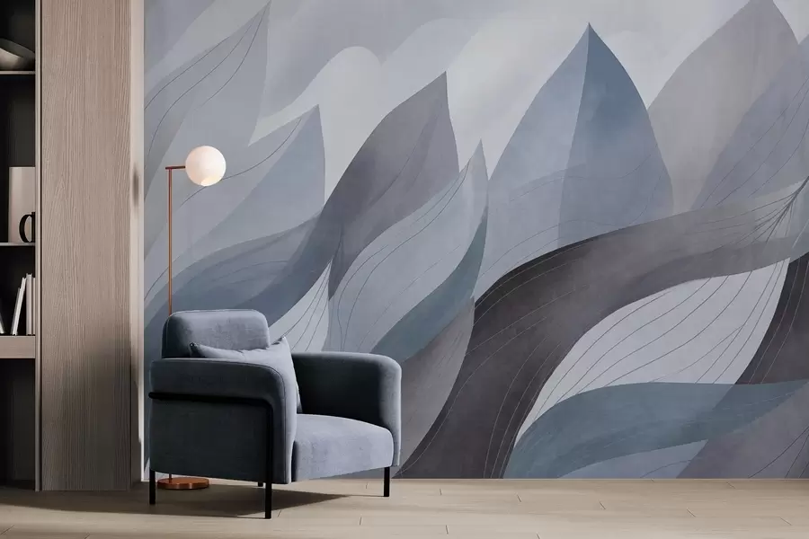 wall murals Abstract leaves, muted earth tones of blue with delicate line details , soft watercolor texture w09736v1