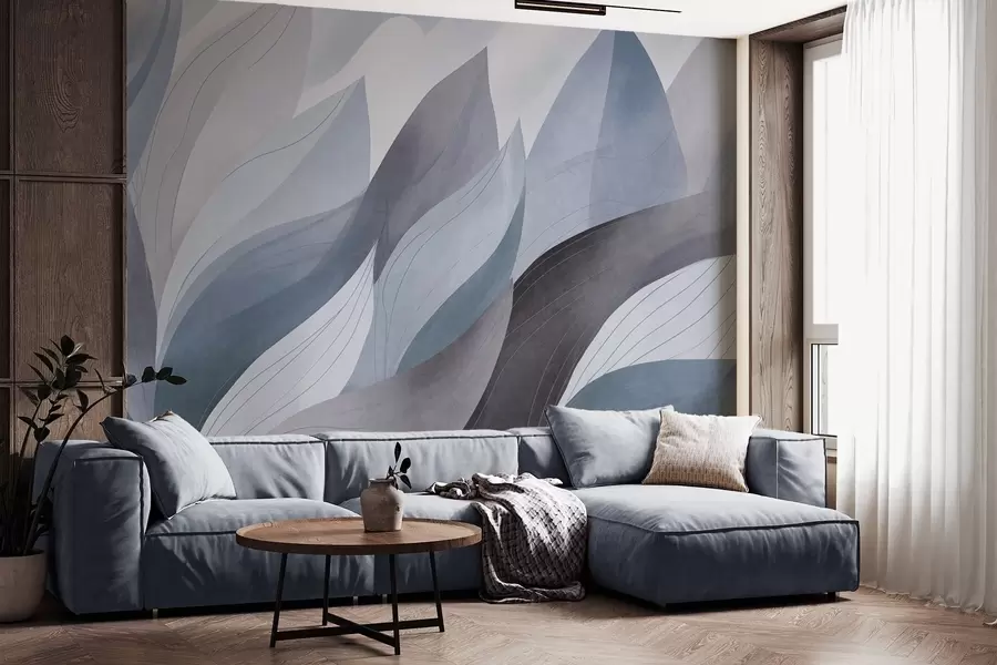 wall murals Abstract leaves, muted earth tones of blue with delicate line details , soft watercolor texture w09736v1