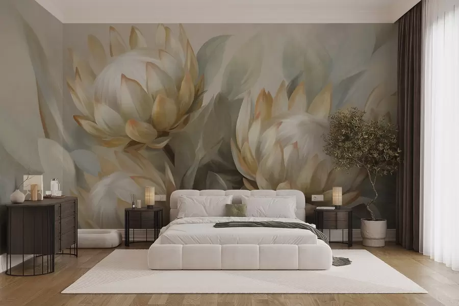 wall murals Textured protea flowers with green leaves and a soft, blurred background w09738