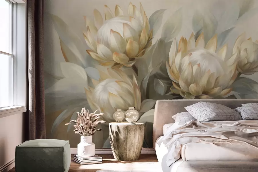 wall murals Textured protea flowers with green leaves and a soft, blurred background w09738