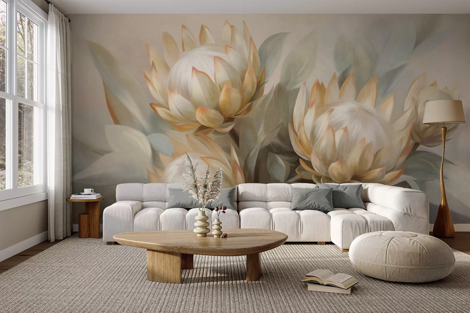 wall murals Textured protea flowers with green leaves and a soft, blurred background w09738