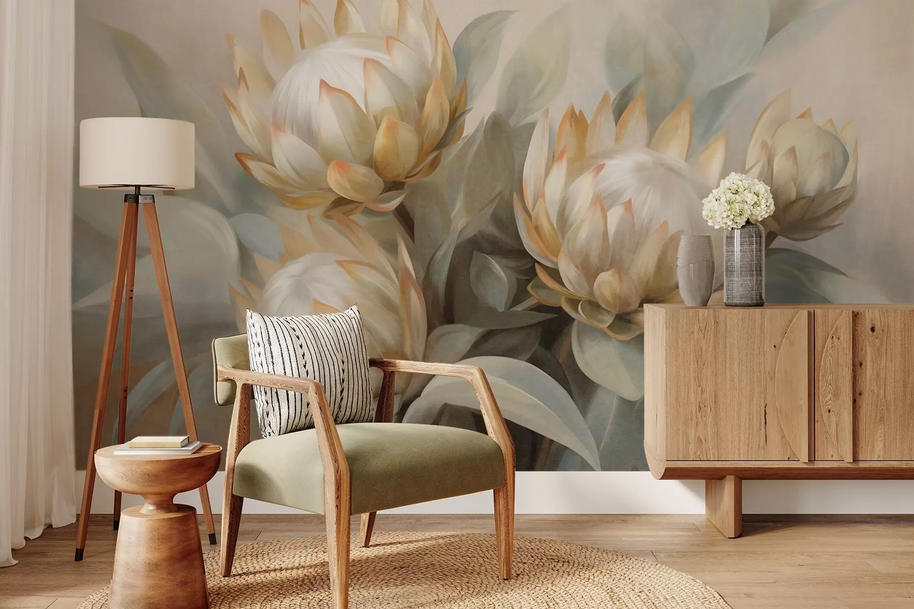 wall murals Textured protea flowers with green leaves and a soft, blurred background w09738
