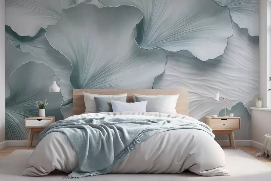 wall murals Textured, blue and white ginkgo leaves petals with delicate organic print w09741v1